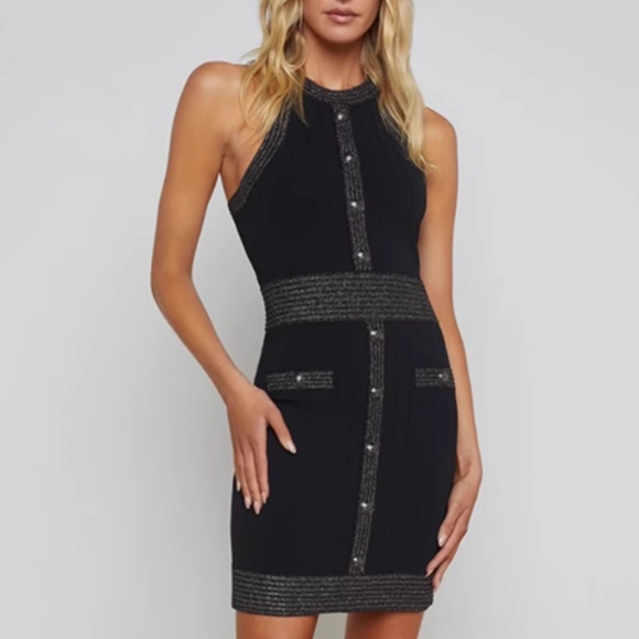NWT L'AGENCE Anissa Button Mini Halter Dress - Black/Gunmetal Knit Bodycon - Picture 1 of 9